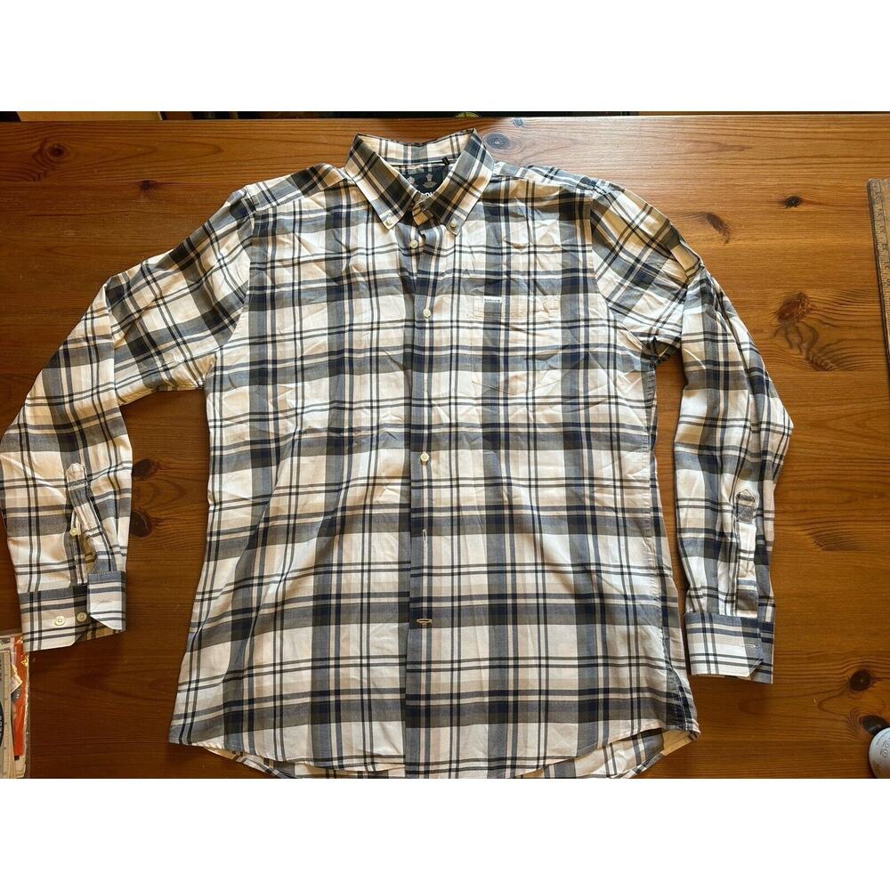 Barbour Shirt Mens L White Windowpane Plaid Pocket Business Casual Button Down